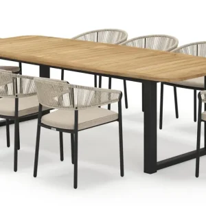 Weekendaanbieding Livo bootvormige tuinset in zwart aluminium en teak natural finish met 8 Zamora tuinstoelen