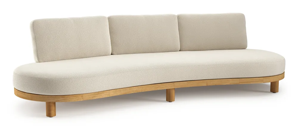 Donato loungebank in teak en beige verticaal geweven ronde rope met all weather cosytica Althea Off White kussen Favoriet