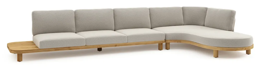 Donato loungehoek in teak en beige verticaal geweven ronde rope met all weather solica Firenze Sand kussen Finale Uitverkoop