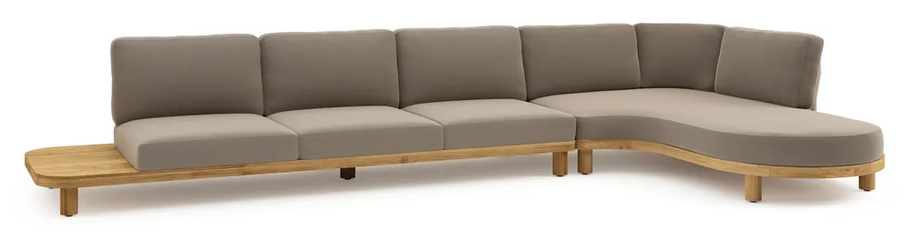 Donato loungehoek in teak en beige verticaal geweven ronde rope met all weather sunbrella® luxe Natte Heather Grey kussen Lage Kosten