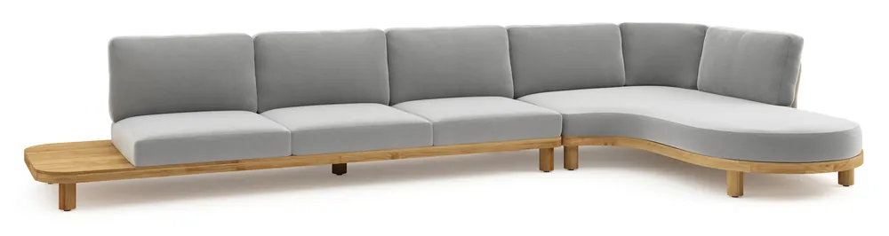 Aanbieding Donato loungehoek in teak en beige verticaal geweven ronde rope met all weather sunbrella® luxe Savane Grey kussen