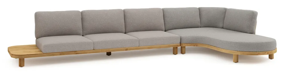 Favoriet Donato loungehoek in teak en beige verticaal geweven ronde rope met all weather sunbrella® luxe Tundra Charcoal kussen
