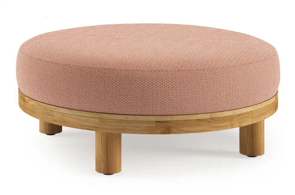 Donato lounge poef in teak en beige verticaal geweven ronde rope met all weather sunbrella® luxe Lopi Fawn kussen Meest Verkocht