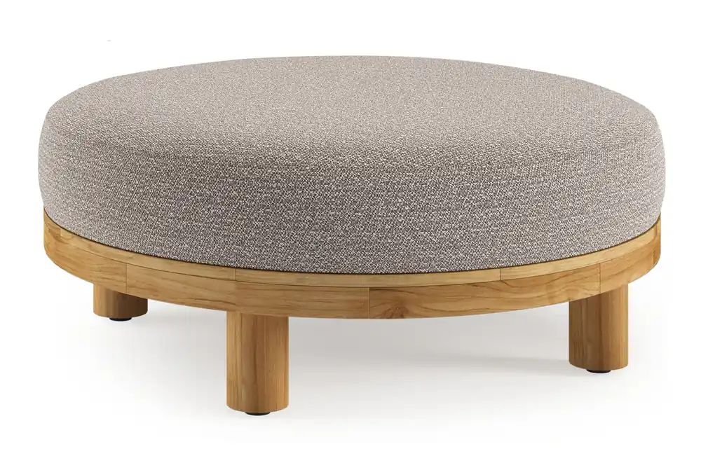Donato lounge poef in teak en beige verticaal geweven ronde rope met all weather sunbrella® luxe Wander Granite kussen Hete Deal