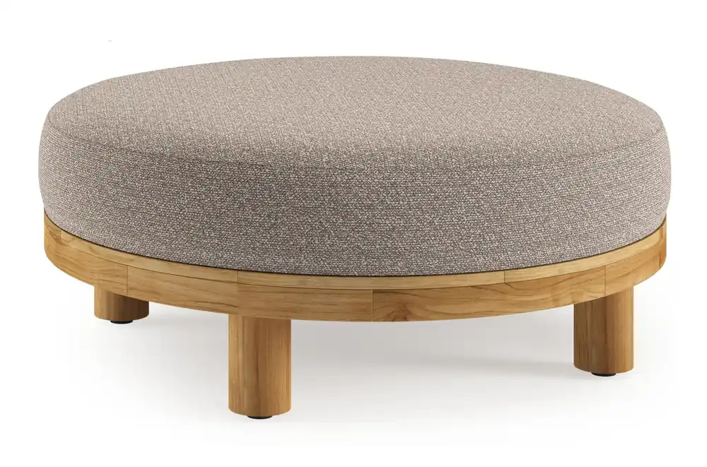 Finale Uitverkoop Donato lounge poef in teak en beige verticaal geweven ronde rope met all weather sunbrella® luxe Wander Manioc kussen