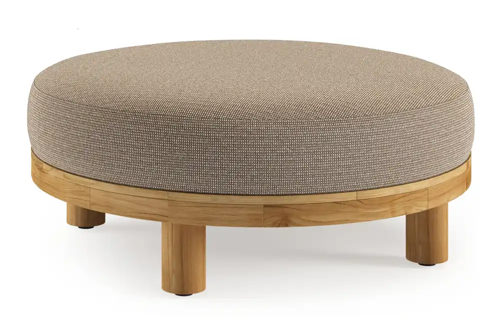 Donato lounge poef in teak en beige verticaal geweven ronde rope met all weather solica Firenze Earth kussen Finale Uitverkoop