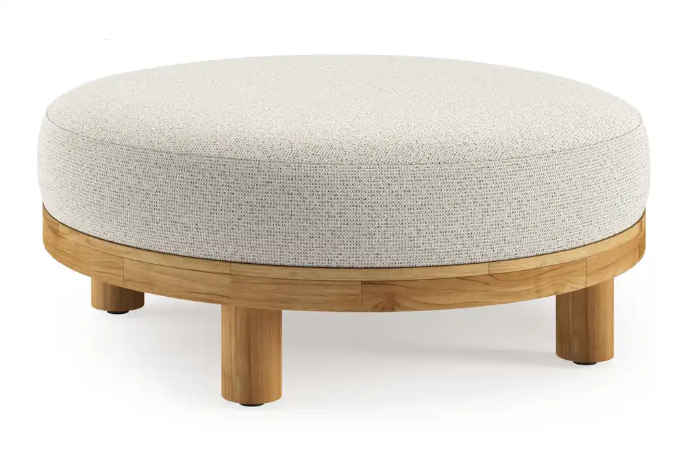 Donato lounge poef in teak en beige verticaal geweven ronde rope met all weather solica Firenze Natural kussen Exclusieve Aanbieding