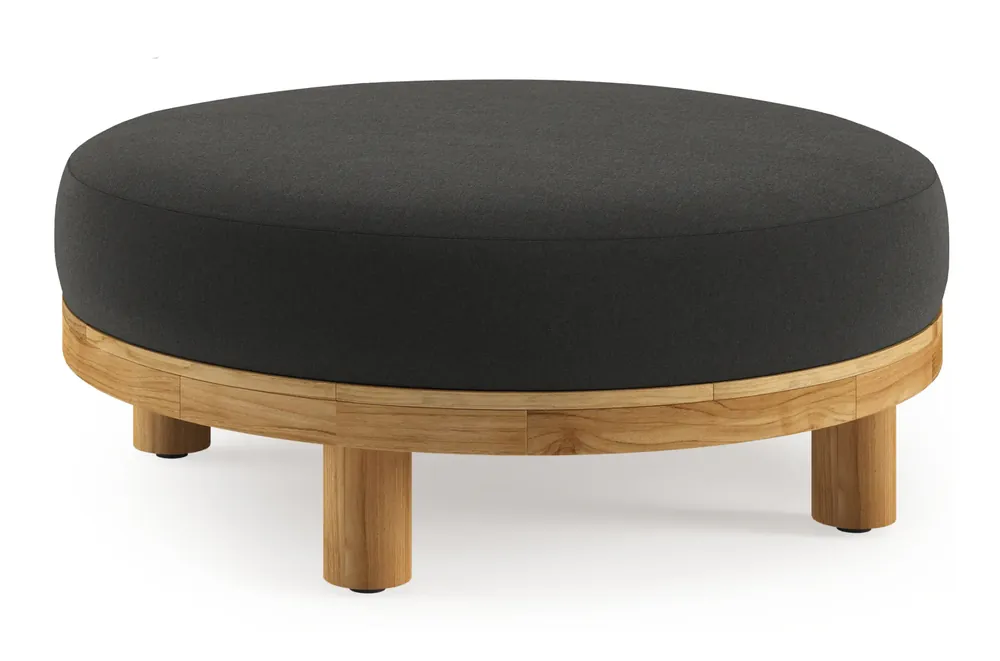 Donato lounge poef in teak en beige verticaal geweven ronde rope met all weather sunbrella® luxe Natte Sooty kussen Flitsaanbieding