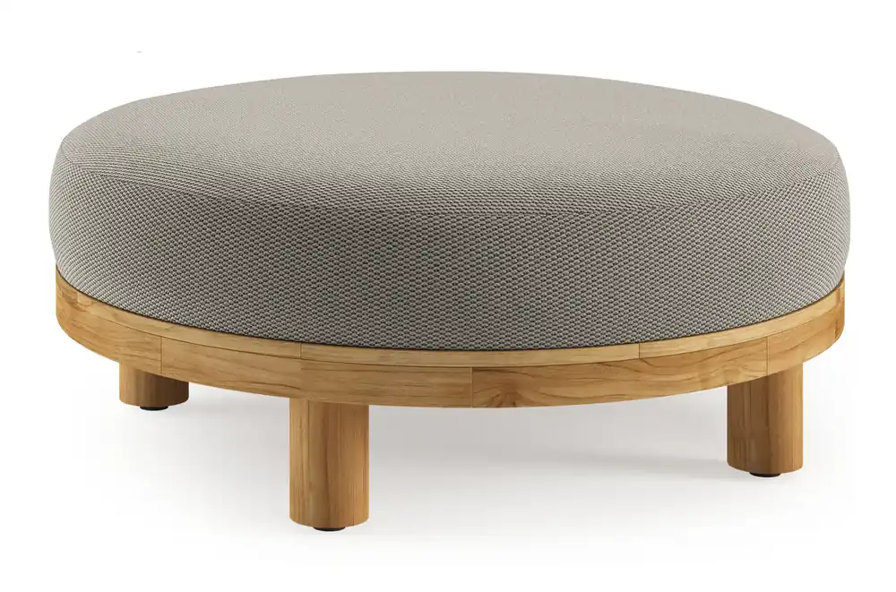 Donato lounge poef in teak en beige verticaal geweven ronde rope met all weather sunbrella® luxe Lopi Charcoal kussen Laatste Versie