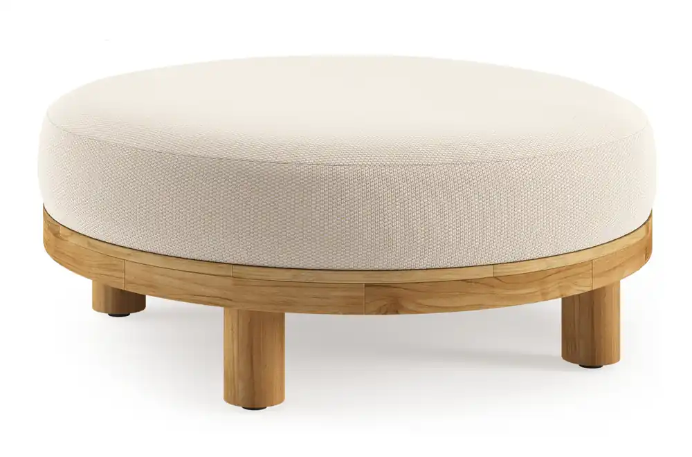 Donato lounge poef in teak en beige verticaal geweven ronde rope met all weather sunbrella® luxe Lopi Antique kussen Superprijs