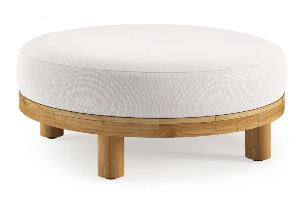 Donato lounge poef in teak en beige verticaal geweven ronde rope met all weather sunbrella® luxe Savane Whisper kussen Gereduceerde Prijs