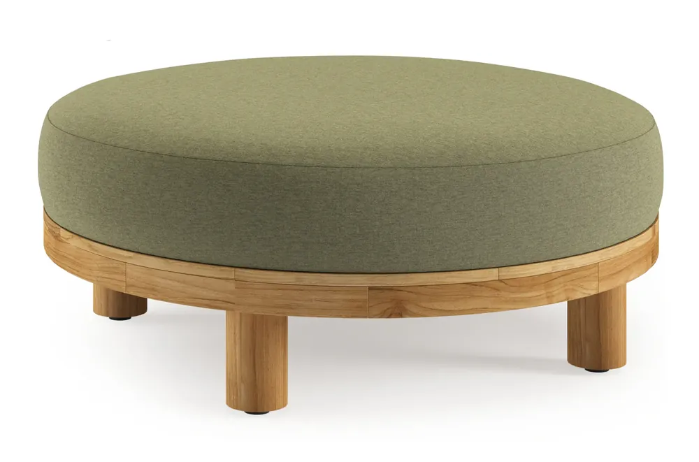 Donato lounge poef in teak en beige verticaal geweven ronde rope met all weather sunbrella® luxe Heritage Leaf kussen Direct Beschikbaar