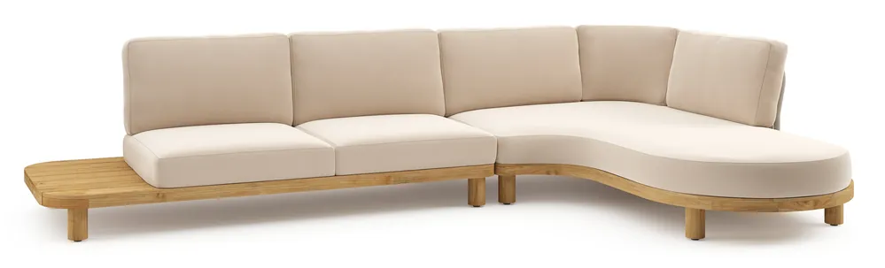 Bestseller Donato loungehoek in teak en beige verticaal geweven ronde rope met all weather sunbrella® luxe Natte Linen Chalk kussen
