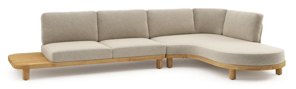 Bestseller Donato loungehoek in teak en beige verticaal geweven ronde rope met all weather cosytica Bora Desert kussen