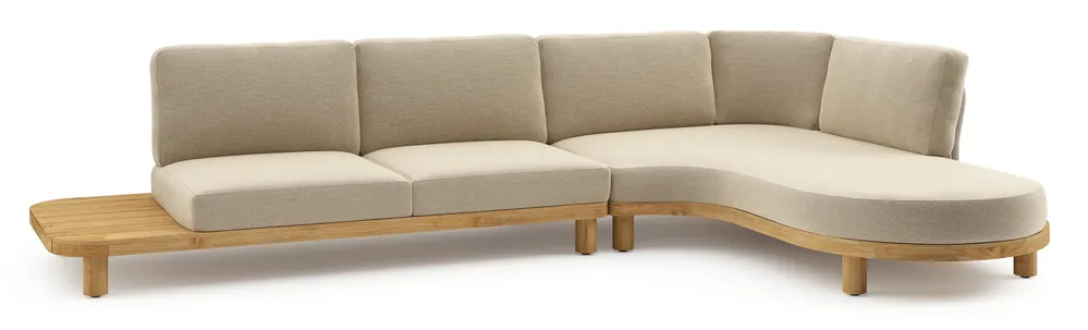 Donato loungehoek in teak en beige verticaal geweven ronde rope met all weather cosytica Althea Camel kussen Exclusieve Aanbieding