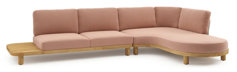 Donato loungehoek in teak en beige verticaal geweven ronde rope met all weather sunbrella® luxe Lopi Fawn kussen Lage Prijs