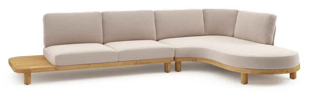 Donato loungehoek in teak en beige verticaal geweven ronde rope met all weather sunbrella® luxe Wander Pilat kussen Lage Prijs