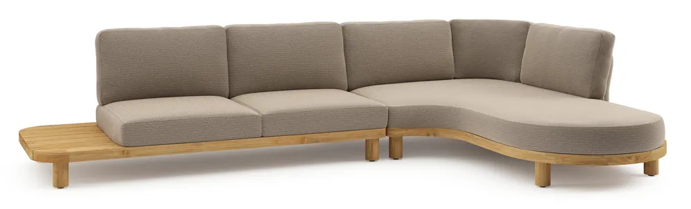 Seizoensaanbieding Donato loungehoek in teak en beige verticaal geweven ronde rope met all weather solica Firenze Earth kussen