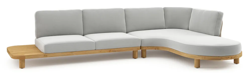Laatste Versie Donato loungehoek in teak en beige verticaal geweven ronde rope met all weather sunbrella® luxe Natte Grey Chine kussen