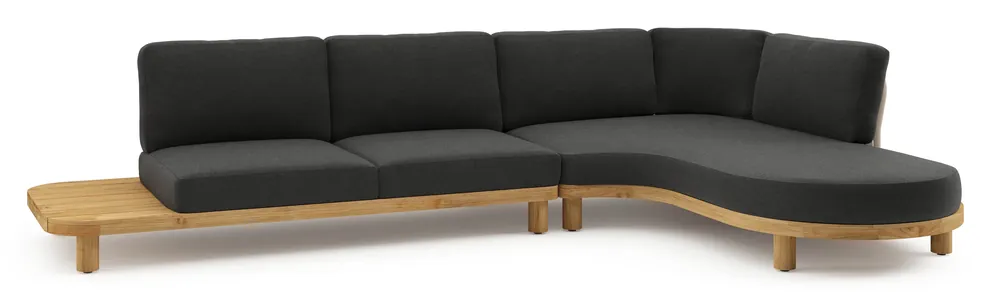 Donato loungehoek in teak en beige verticaal geweven ronde rope met all weather sunbrella® luxe Chartres Sooty kussen Finale Uitverkoop