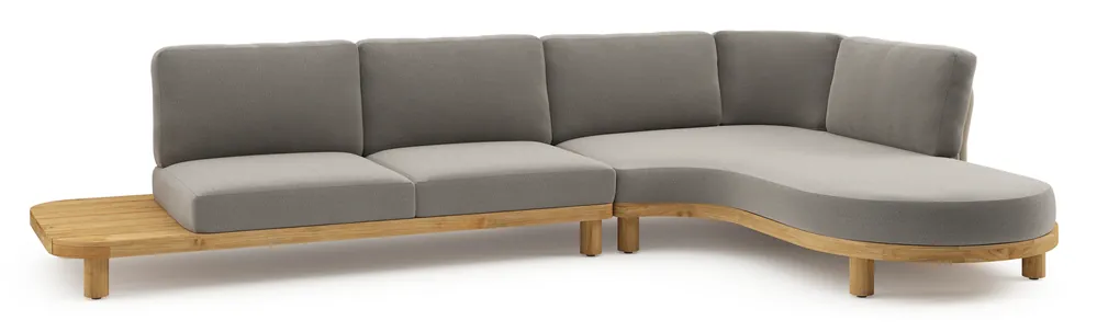 Bestseller Donato loungehoek in teak en beige verticaal geweven ronde rope met all weather sunbrella® luxe Lopi Silver kussen