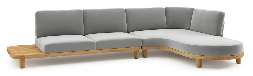 Donato loungehoek in teak en beige verticaal geweven ronde rope met all weather sunbrella® luxe Savane Grey kussen Flitsaanbieding