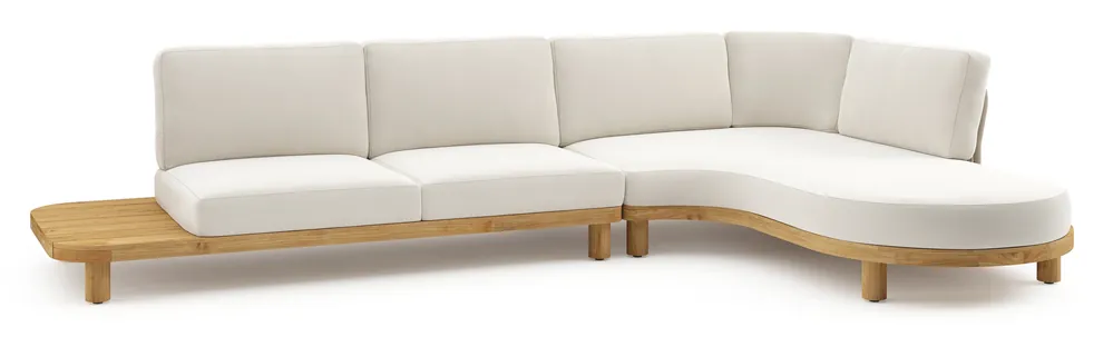 Donato loungehoek in teak en beige verticaal geweven ronde rope met all weather sunbrella® luxe Savane White kussen Actieprijs
