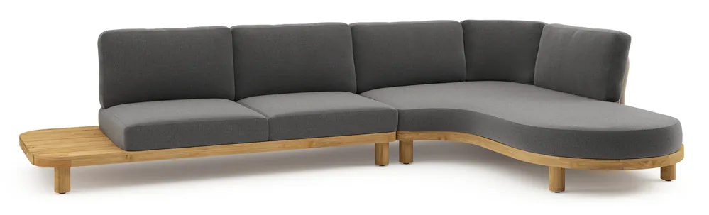 Express Levering Donato loungehoek in teak en beige verticaal geweven ronde rope met all weather sunbrella® luxe Savane Tornado kussen