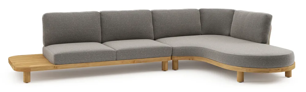 Donato loungehoek in teak en beige verticaal geweven ronde rope met all weather sunbrella® luxe Chartres Drizzle kussen Gecertificeerd