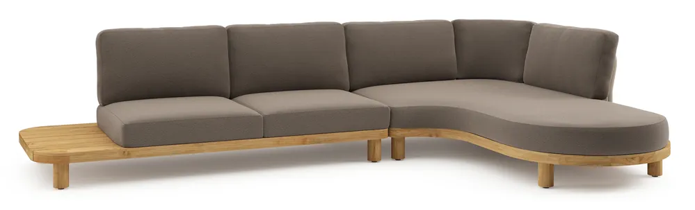 Rechtstreeks Van De Fabrikant Donato loungehoek in teak en beige verticaal geweven ronde rope met all weather sunbrella® luxe Lopi Coconut kussen