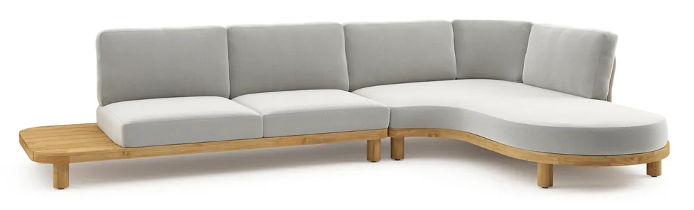 Nu Kopen Donato loungehoek in teak en beige verticaal geweven ronde rope met all weather sunbrella® luxe Lopi Ash kussen