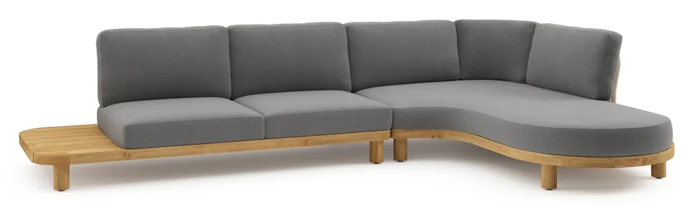 Donato loungehoek in teak en beige verticaal geweven ronde rope met all weather sunbrella® luxe Heritage Slate kussen Bestseller
