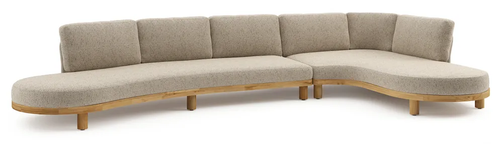 Hete Deal Donato loungehoek in teak en beige verticaal geweven ronde rope met all weather cosytica Bora Jungle kussen
