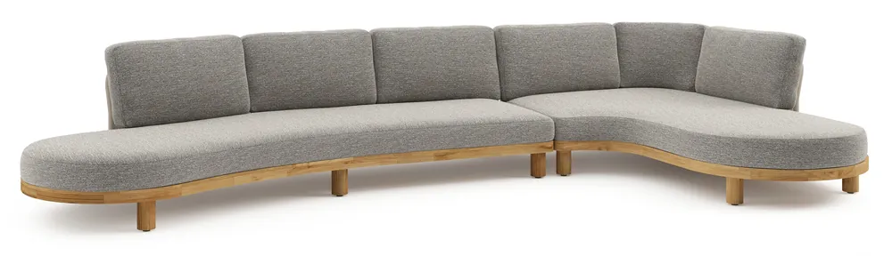Gereduceerde Prijs Donato loungehoek in teak en beige verticaal geweven ronde rope met all weather sunbrella® luxe Tundra Pepper kussen