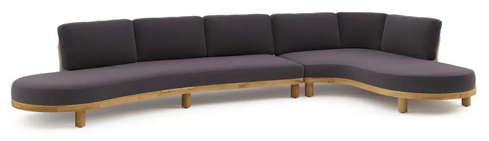 Meest Verkocht Donato loungehoek in teak en beige verticaal geweven ronde rope met all weather sunbrella® luxe Tundra Red kussen