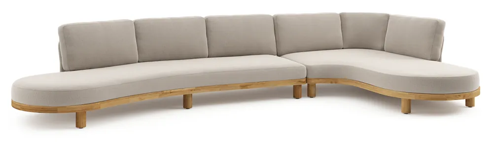 Donato loungehoek in teak en beige verticaal geweven ronde rope met all weather sunbrella® luxe Lopi Fossil kussen Aanbieding