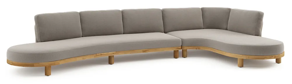 Donato loungehoek in teak en beige verticaal geweven ronde rope met all weather sunbrella® luxe Lopi Pepper kussen Beperkte Voorraad