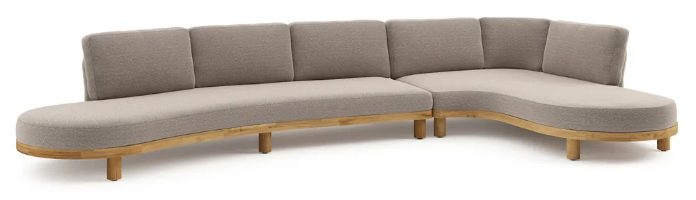 Donato loungehoek in teak en beige verticaal geweven ronde rope met all weather sunbrella® luxe Wander Manioc kussen Fabrieksprijs