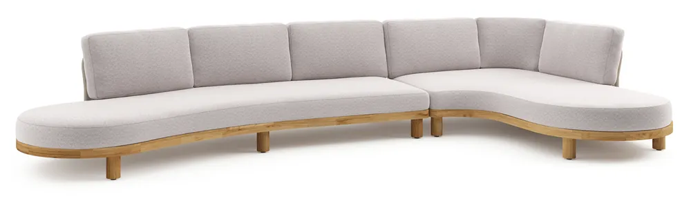 Fabrieksprijs Donato loungehoek in teak en beige verticaal geweven ronde rope met all weather sunbrella® luxe Wander Gobi kussen