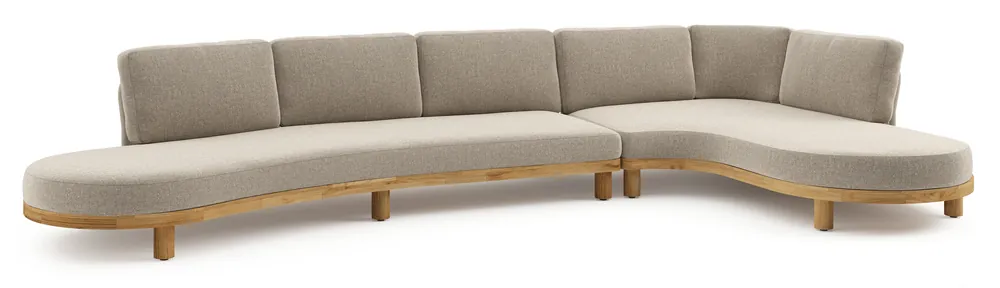 Donato loungehoek in teak en beige verticaal geweven ronde rope met all weather sunbrella® luxe Chartres Pewter kussen Actieprijs