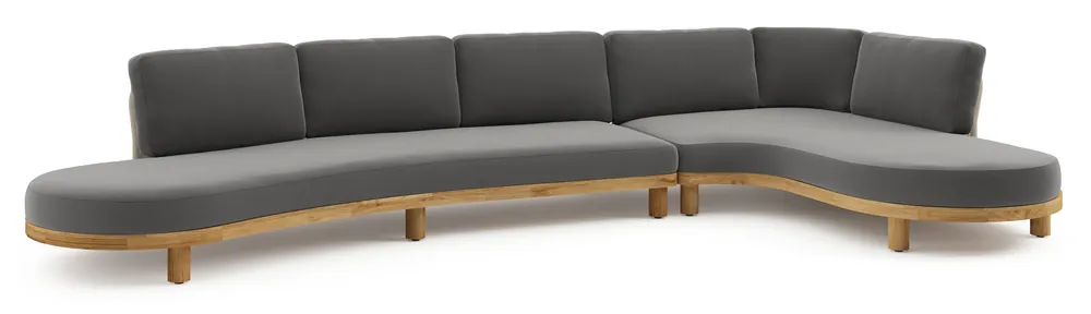 Donato loungehoek in teak en beige verticaal geweven ronde rope met all weather sunbrella® luxe Natte Charcoal Chine kussen Betaalbaar