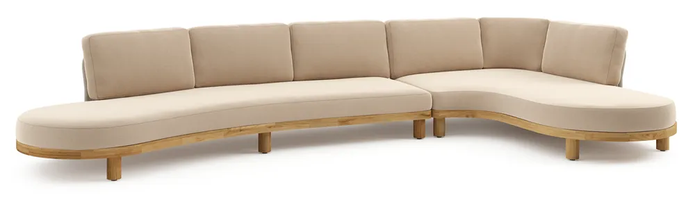 Donato loungehoek in teak en beige verticaal geweven ronde rope met all weather sunbrella® luxe Natte Heather Beige kussen Fabrieksprijs