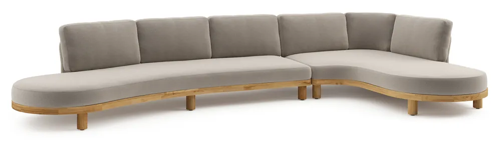 Gratis Retour Donato loungehoek in teak en beige verticaal geweven ronde rope met all weather sunbrella® luxe Savane Coconut kussen