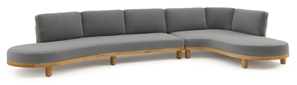 Donato loungehoek in teak en beige verticaal geweven ronde rope met all weather sunbrella® luxe Heritage Slate kussen Koopje