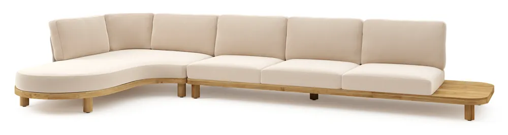 Donato loungehoek in teak en beige verticaal geweven ronde rope met all weather sunbrella® luxe Natte Linen Chalk kussen Rechtstreeks Van De Fabrikant