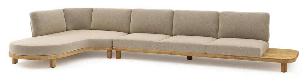 Actieprijs Donato loungehoek in teak en beige verticaal geweven ronde rope met all weather cosytica Madagascar Oak kussen