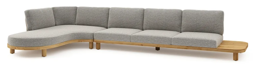 Korting Donato loungehoek in teak en beige verticaal geweven ronde rope met all weather sunbrella® luxe Tundra Pepper kussen
