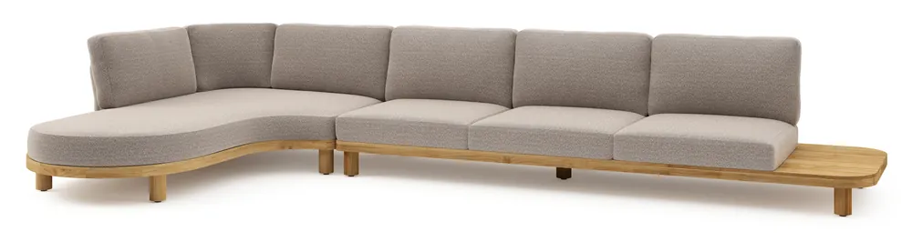 Koopje Donato loungehoek in teak en beige verticaal geweven ronde rope met all weather sunbrella® luxe Wander Manioc kussen