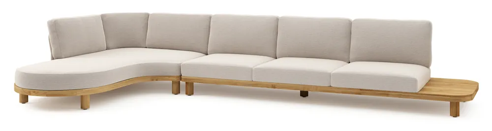 Donato loungehoek in teak en beige verticaal geweven ronde rope met all weather sunbrella® luxe Slow Farafra kussen Nieuw