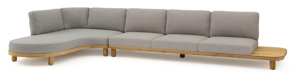 Aanbieding Donato loungehoek in teak en beige verticaal geweven ronde rope met all weather sunbrella® luxe Tundra Charcoal kussen